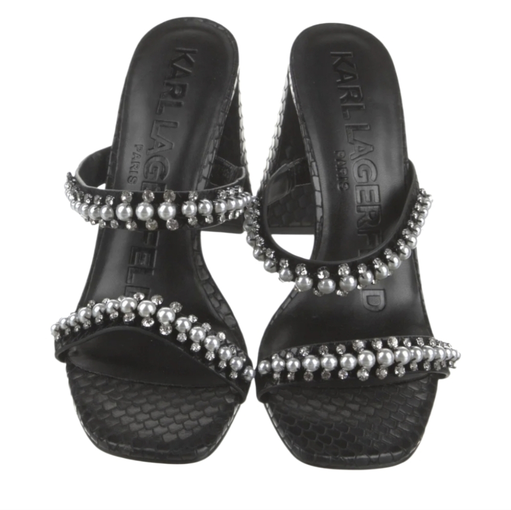 Karl Lagerfeld Leather Black Crystal Embellishments Pearl Accent Sandals